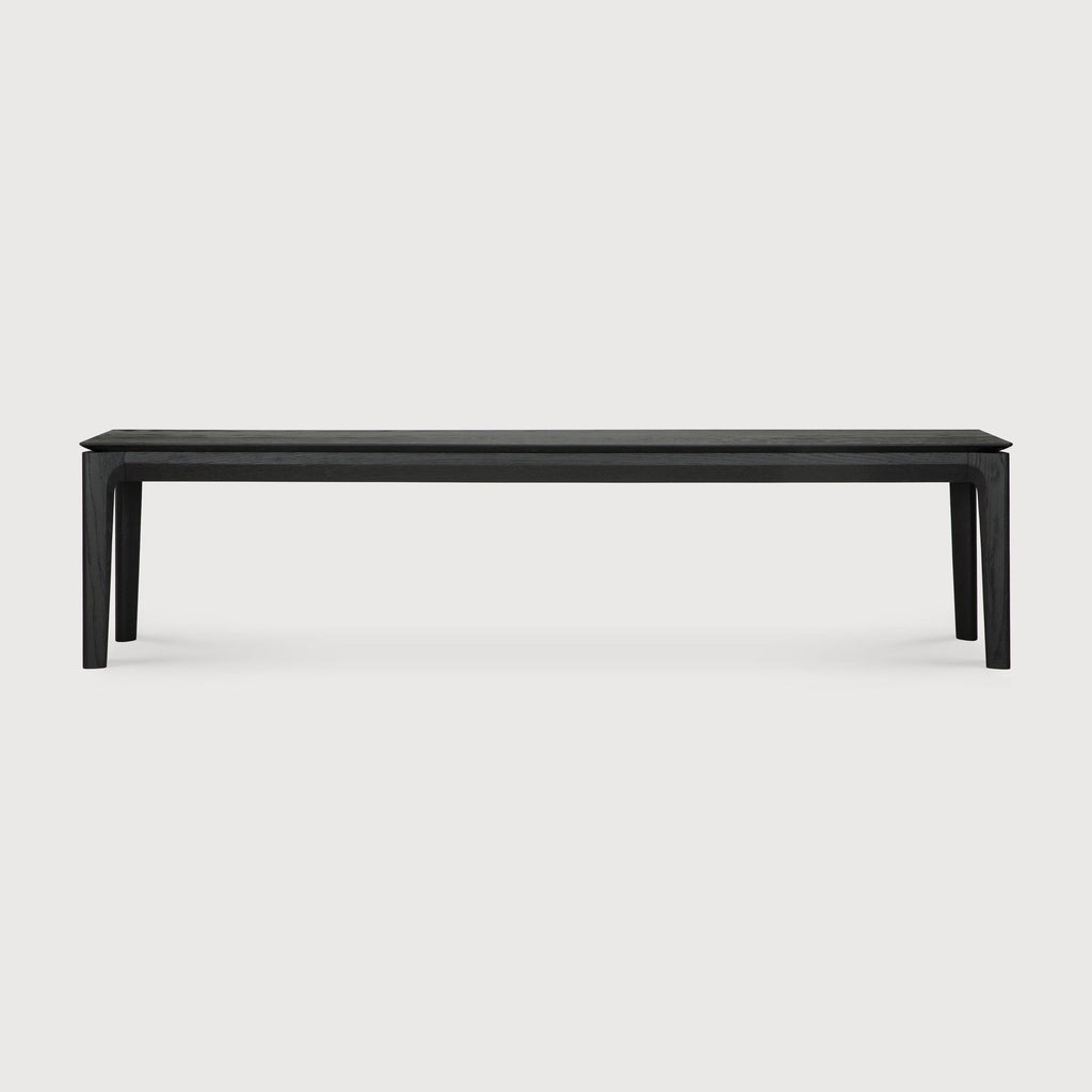 Black Oak Bok Bench with contoured frame and floating top in European White Oak, black varnished finish