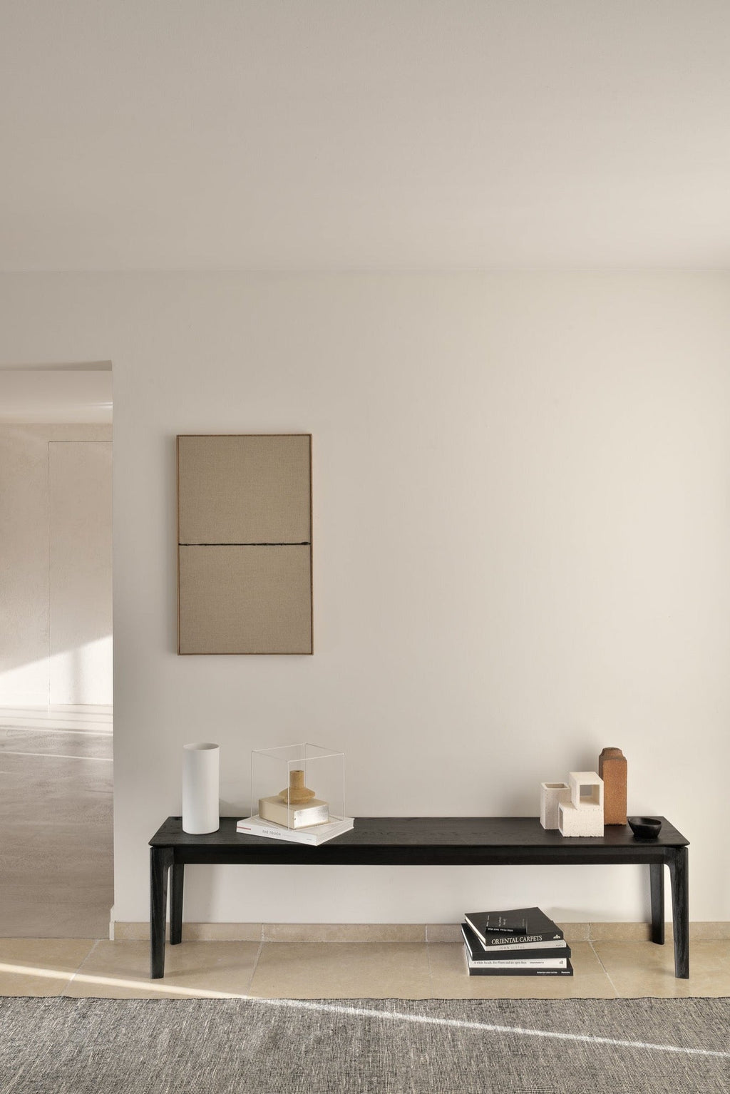 Bok Bench in black oak with contoured frame and floating top, crafted from solid European White Oak