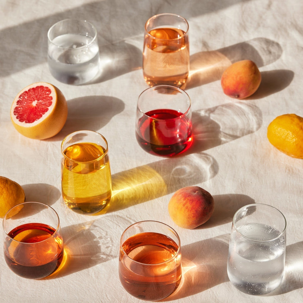 Set of 4 tall cremini tumblers made of clear borosilicate glass, each holding 11 oz, lightweight and thermal shock proof.