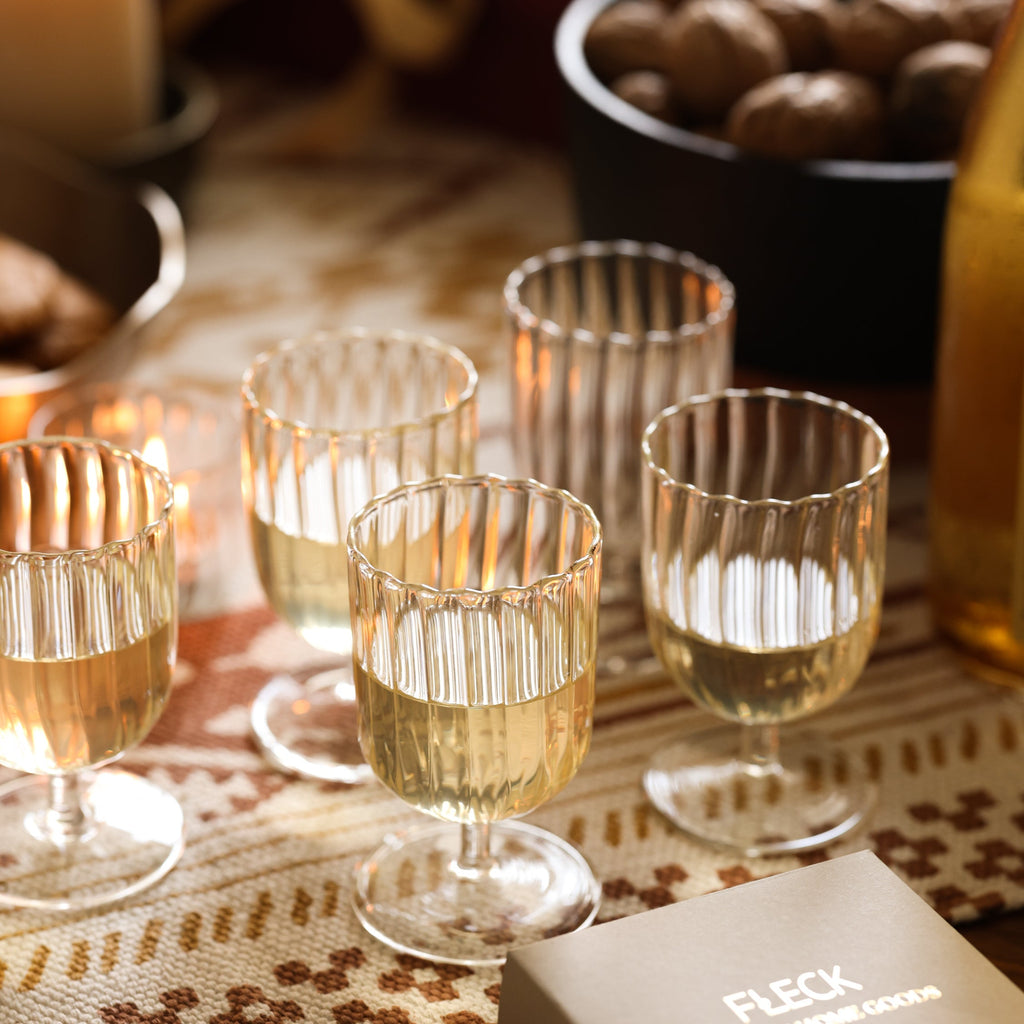 Set of 4 Kira Stemware Chalice hand-blown 6 oz borosilicate glasses with delicate raised liner pattern