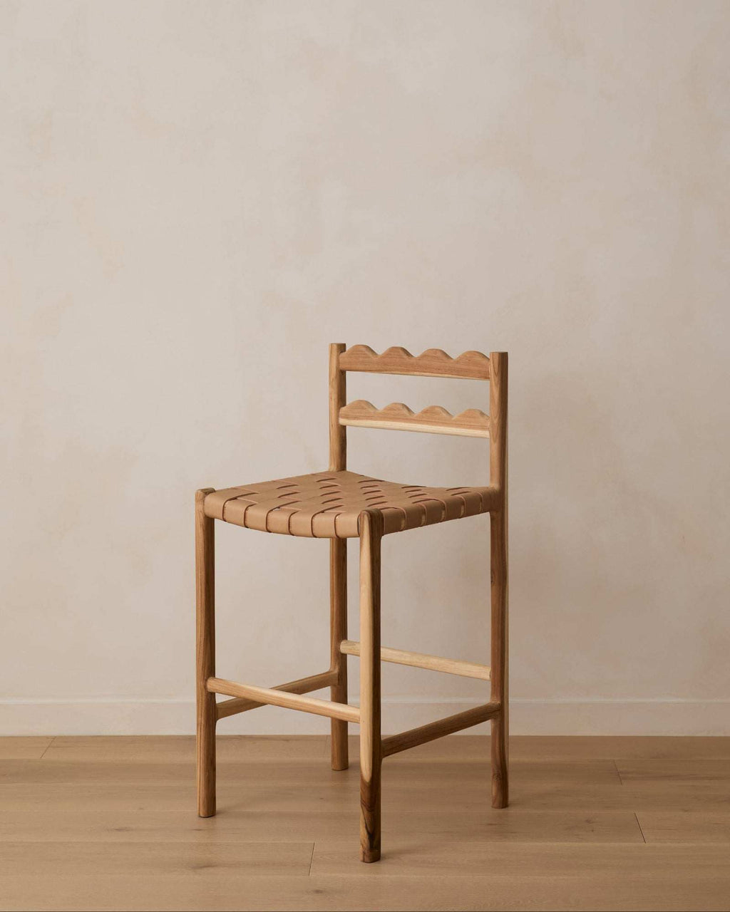 Aegean Scalloped Counter Stool handcrafted teak wood with woven leather seat and scalloped backrest