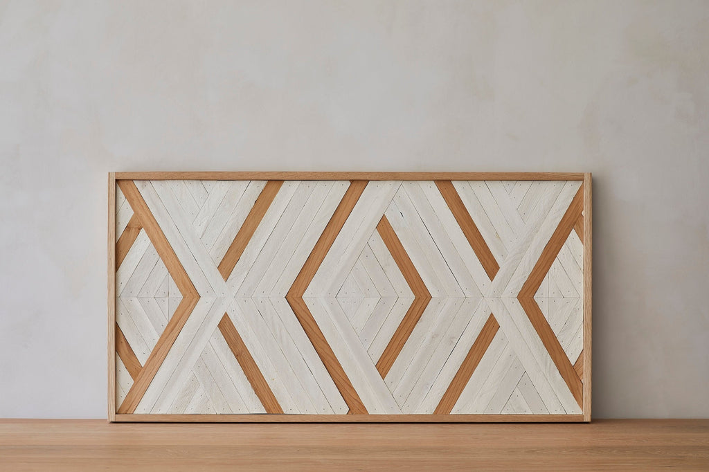 Geometric wood art piece with contrasting neutral tones inspired by high desert landscapes