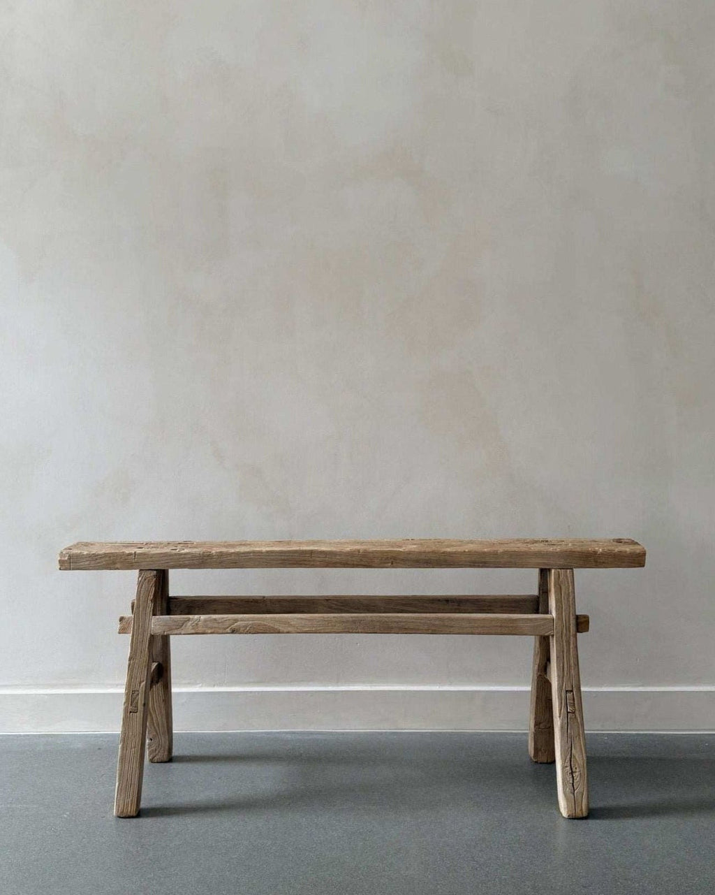 Antique Bench No. 13 elmwood vintage antique wooden bench with slender design and aged patina