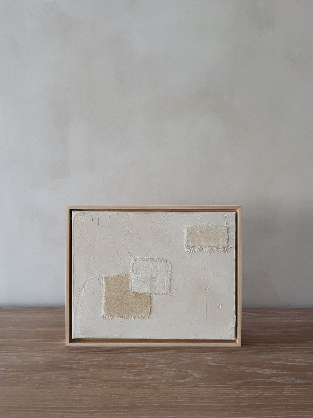 Mini Subdue abstract mixed media wall art with textured plaster and linen accents by Art de Avalo