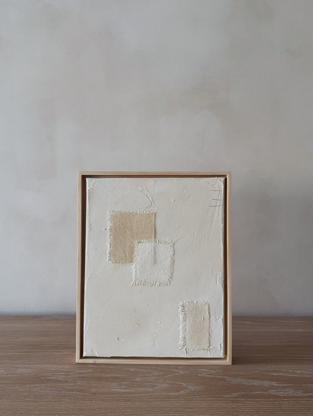 Mini Subdue abstract mixed media wall art with textured plaster and linen accents by Art de Avalo