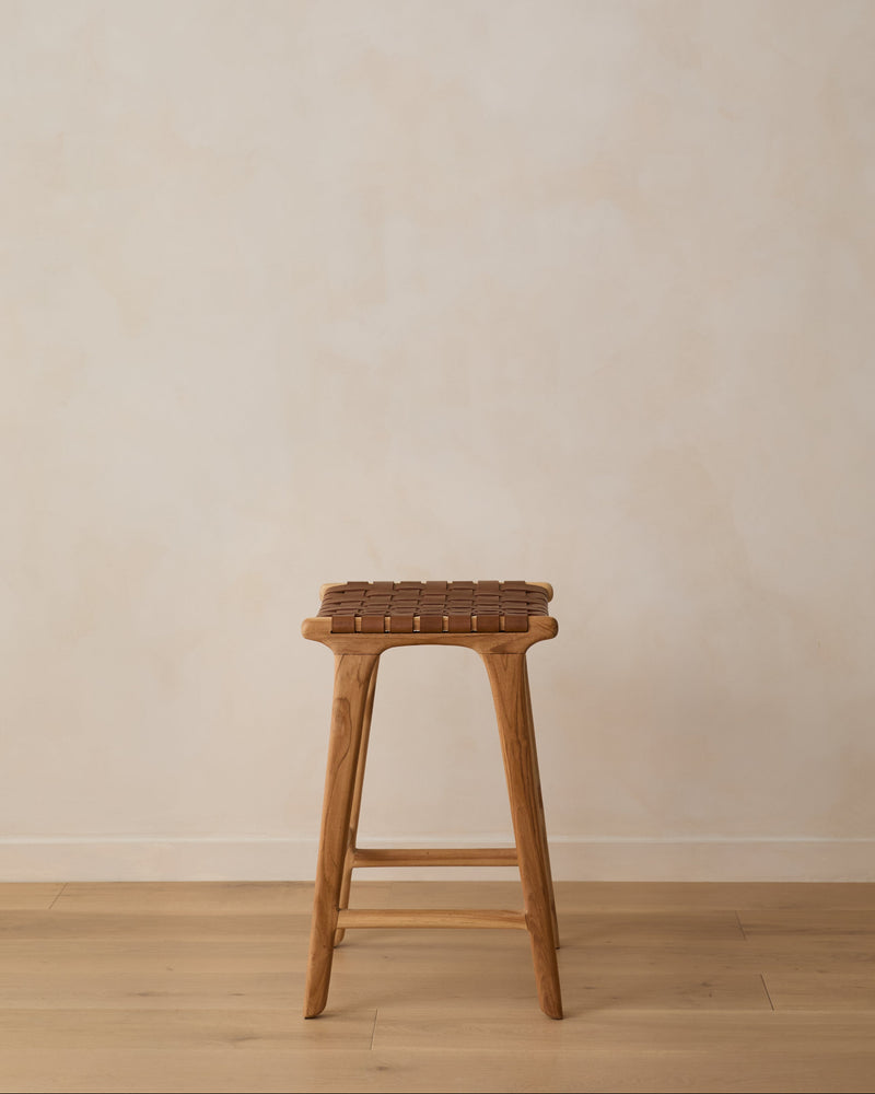 Backless Woven Leather Counter Stool - Saddle – Saffron + Poe