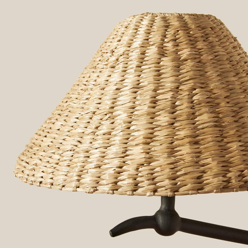 Woven lampshade from a Bainbridge Chandelier on a stand against a neutral background