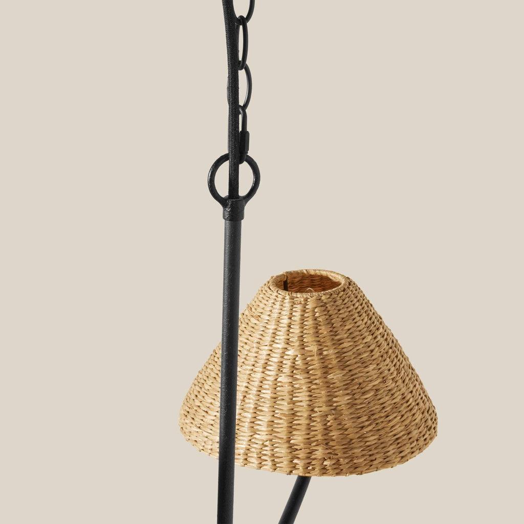 Bainbridge Chandelier with woven natural lampshade and black metal chain on beige background