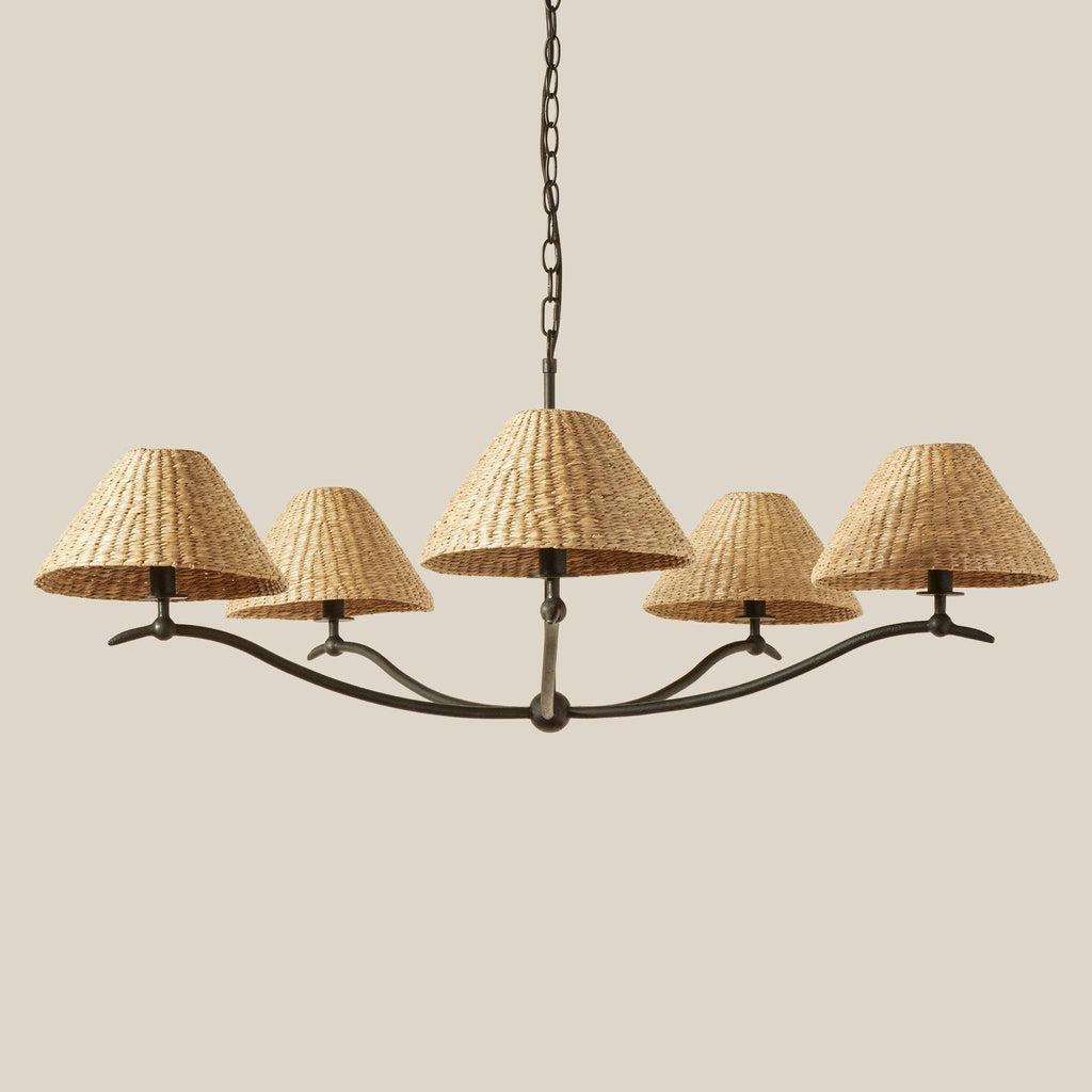 Bainbridge Large Chandelier with wicker lampshades on a beige background