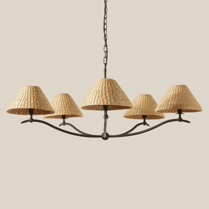 Bainbridge Large Chandelier with wicker lampshades on a beige background