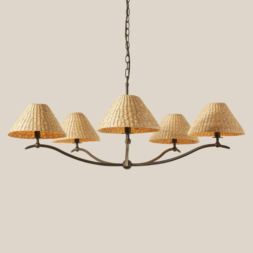 Large Bainbridge Chandelier with wicker lampshades on a beige background
