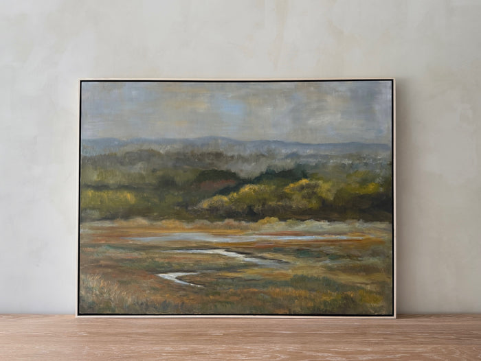 Landscape oil painting of marsh with trees and hills in the distance. - Saffron and Poe