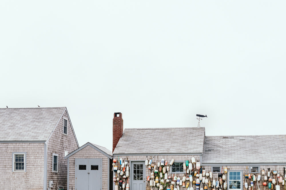 Limited edition print of Nantucket buoy house with ocean background on textured matte photo paper