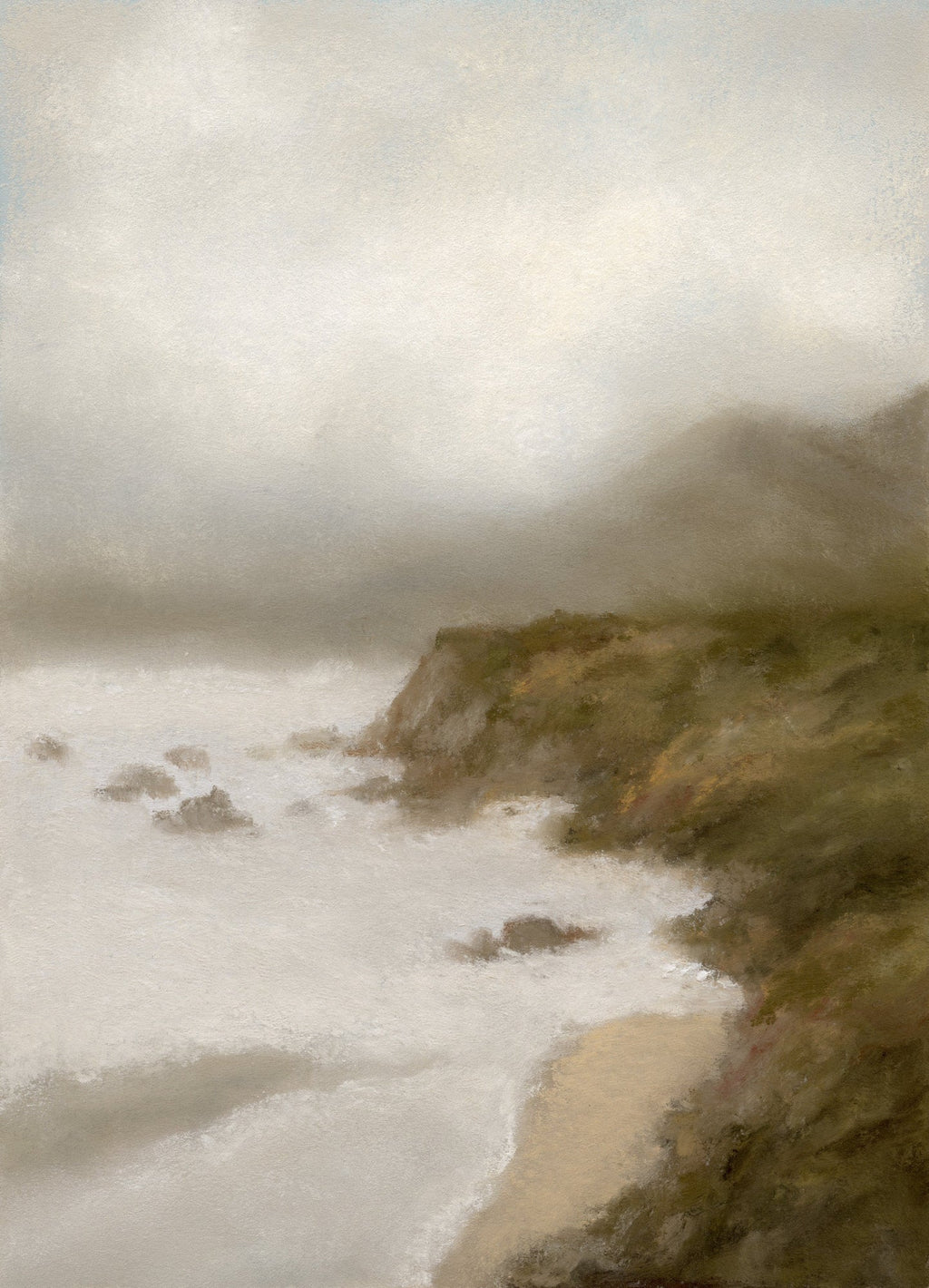 Pastel painting of rugged California coast titled Cliffside Haze by Lina Gordievsky