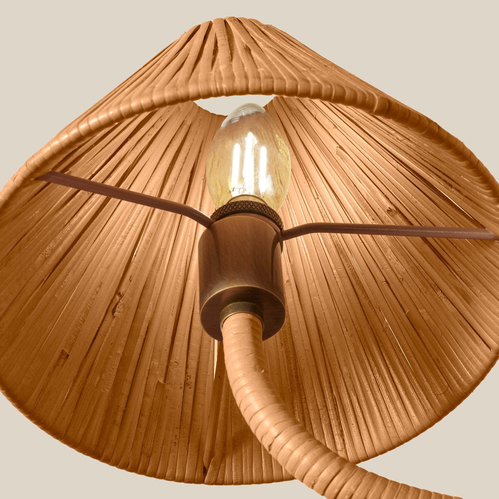 A close-up of a Delphine Chandelier with a large, conical woven shade in a warm tan or light brown color, featuring a central brass-toned socket holding a clear filament bulb and a ribbed beige cord.
