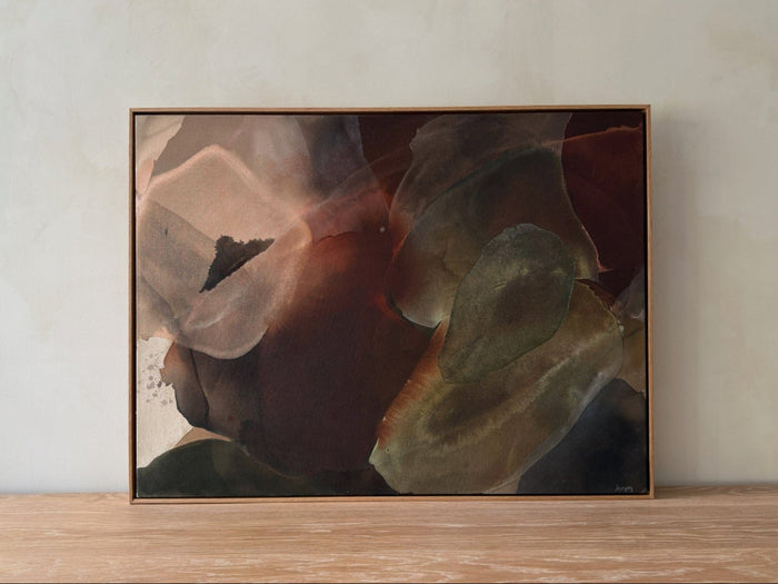 Drift One-of-a-Kind Painting by Jaime Lovejoy on oak dining table against lime washed wall. Saffron + Poe