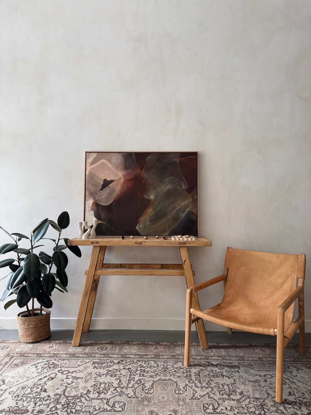 Abstract painting Deaf Sea featuring layered earthen tones and fluid translucent forms on raw canvas