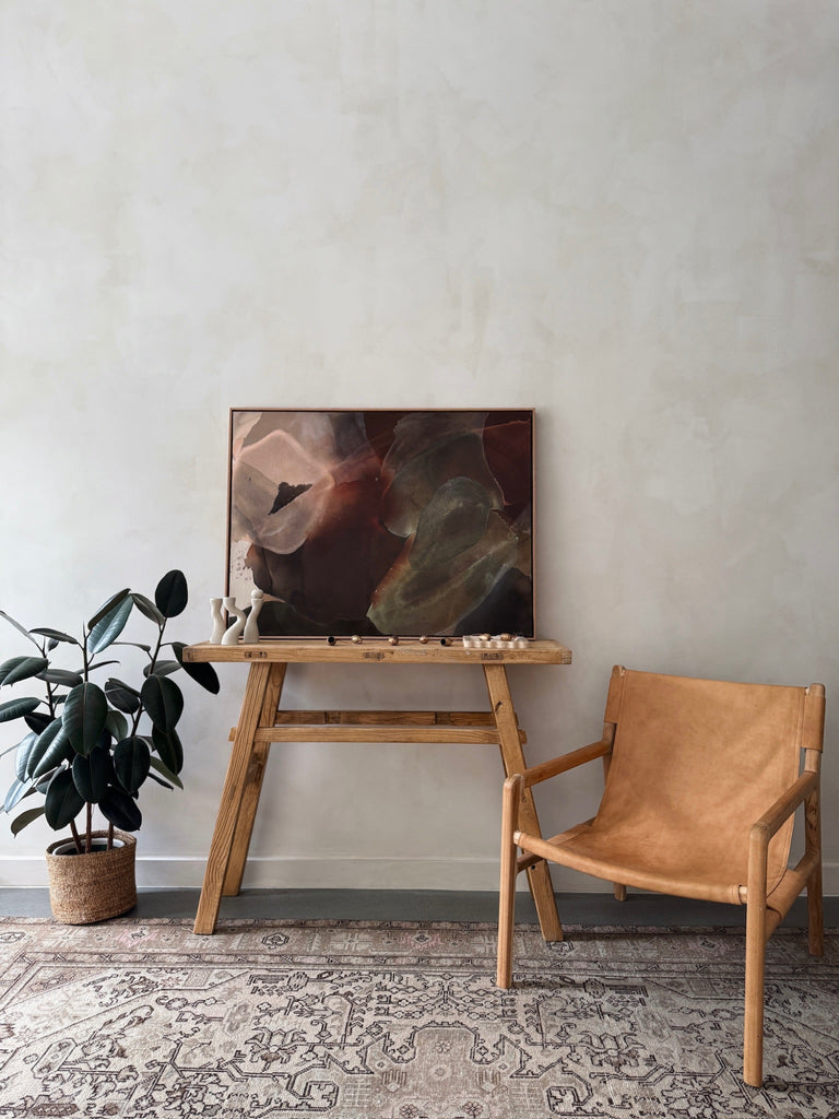 Drift One-of-a-Kind Painting by Jaime Lovejoy styled on vintage elmwood console against lime washed wall. Saffron + Poe