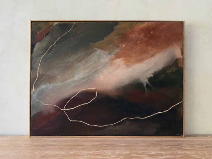 Ember Sky One-of-a-Kind Painting by Jaime Lovejoy on oak dining table against lime washed wall. Saffron + Poe