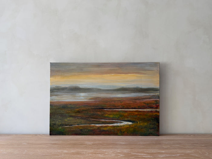 Product shot of marsh in the evening with warm hues and hills in the distance. - Saffron and Poe