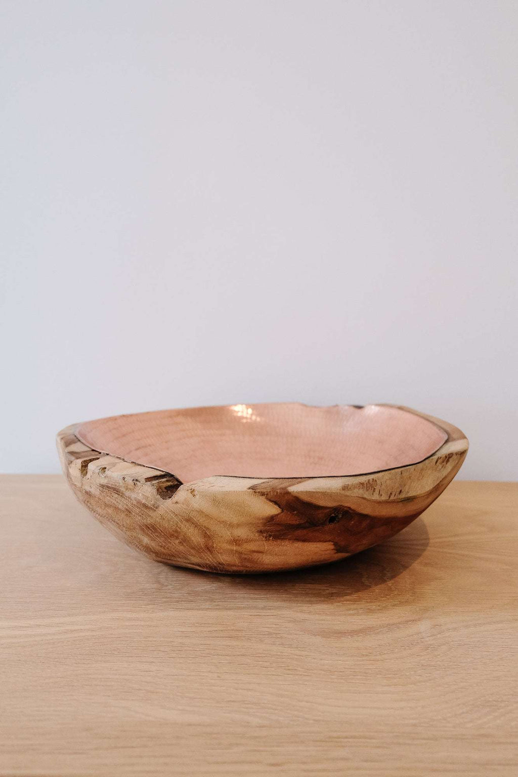 Handcrafted hammered copper and teak root bowl with natural matte finish, second quality with unique organic shape