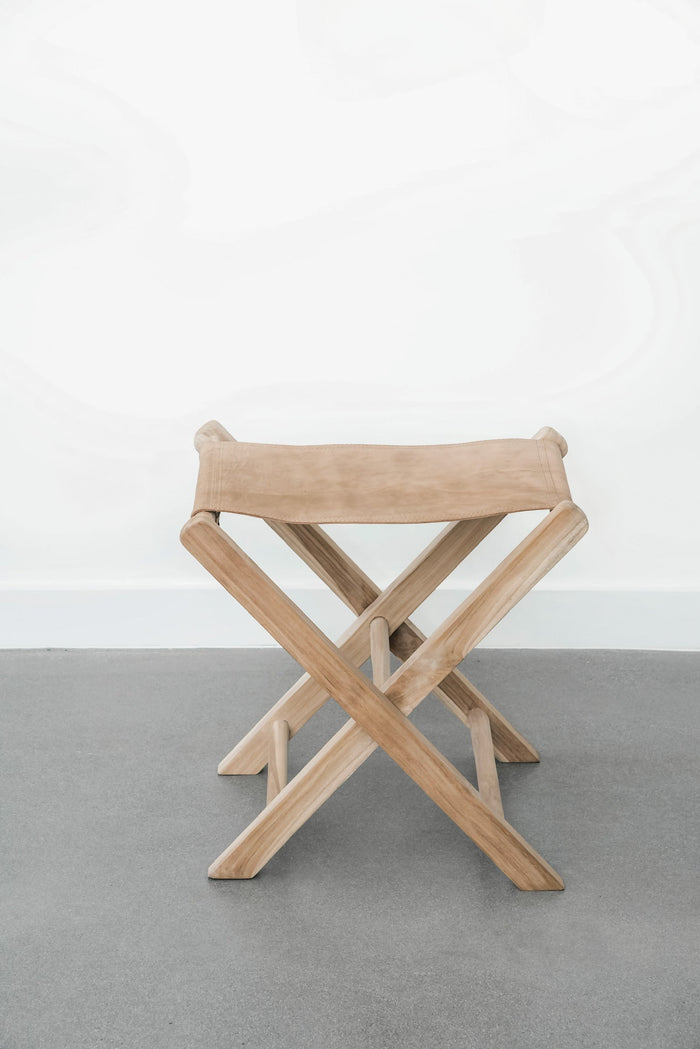 Teak Leather Folding Stool - Saffron + Poe
