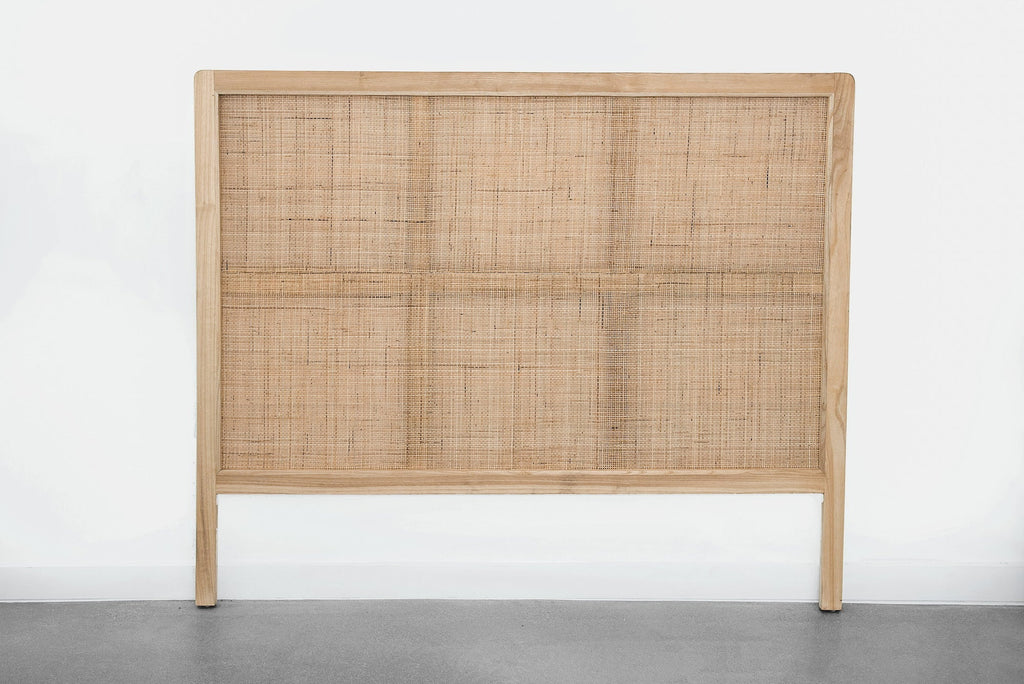 Handcrafted rattan headboard with teak frame in natural matte finish, mid-century modern style, second quality furniture piece