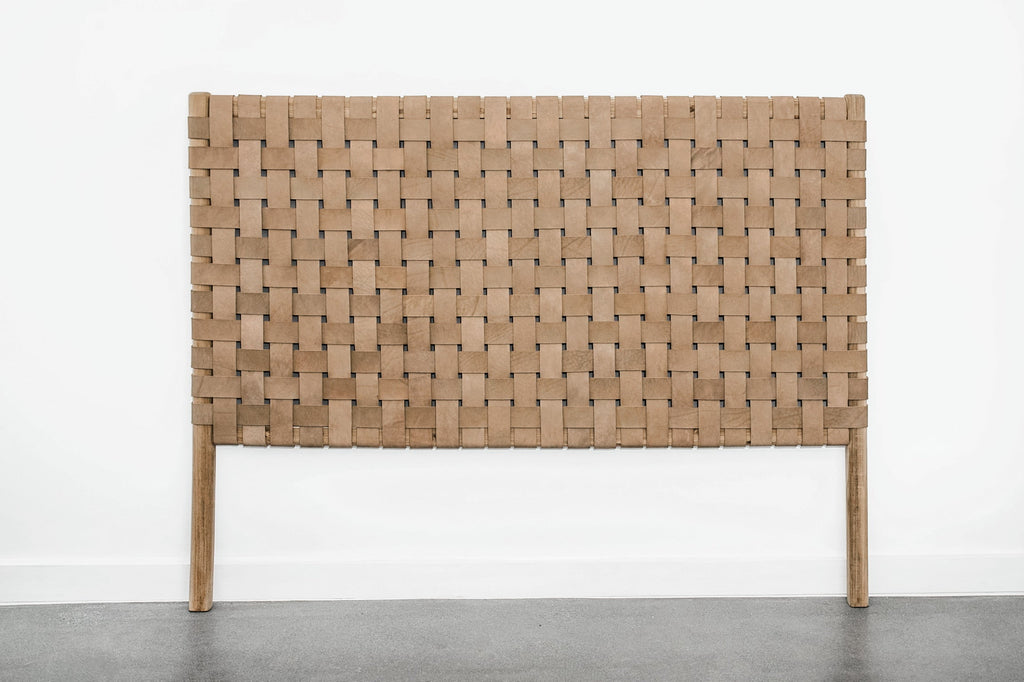 Woven Leather Strap Headboard in beige product photo against white background. Handcrafted in Bali with teak and leather. - Saffron and Poe