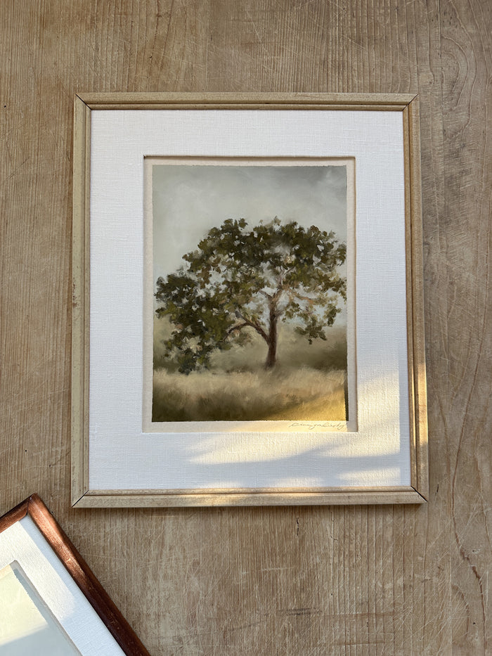 Oak tree pastel artwork in white linen matting and vintage framing. - Saffron and Poe, Line Gordievsky