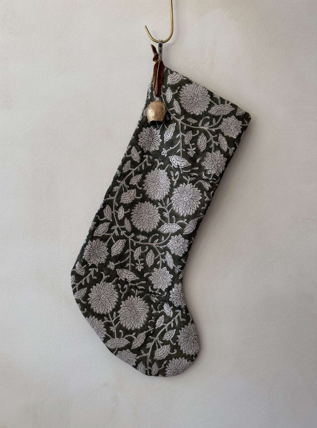 Indian Block Print Christmas stocking hand block printed on 100% linen with vintage bell and cinnamon velvet ribbon