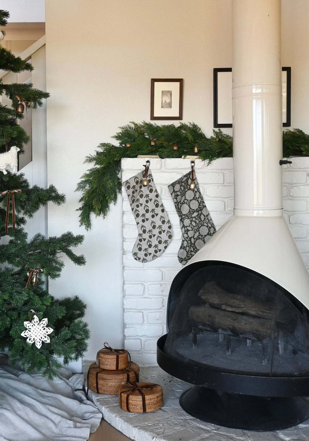 Indian Block Print Christmas stocking hand block printed on linen with vintage bell and cinnamon velvet ribbon