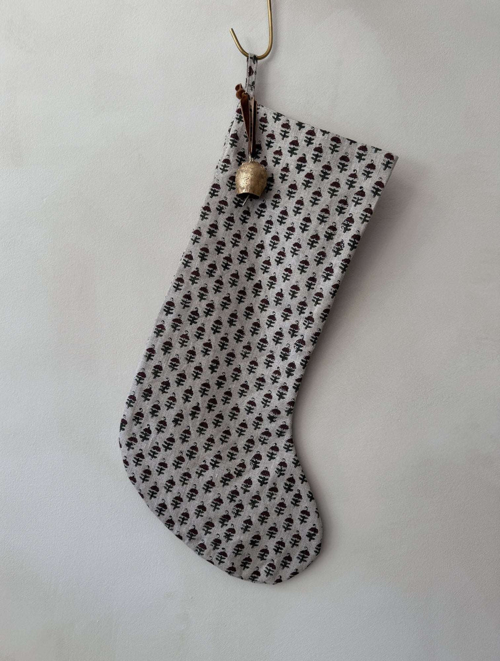 Indian Block Print Christmas stocking hand block printed on linen with vintage bell and cinnamon velvet ribbon