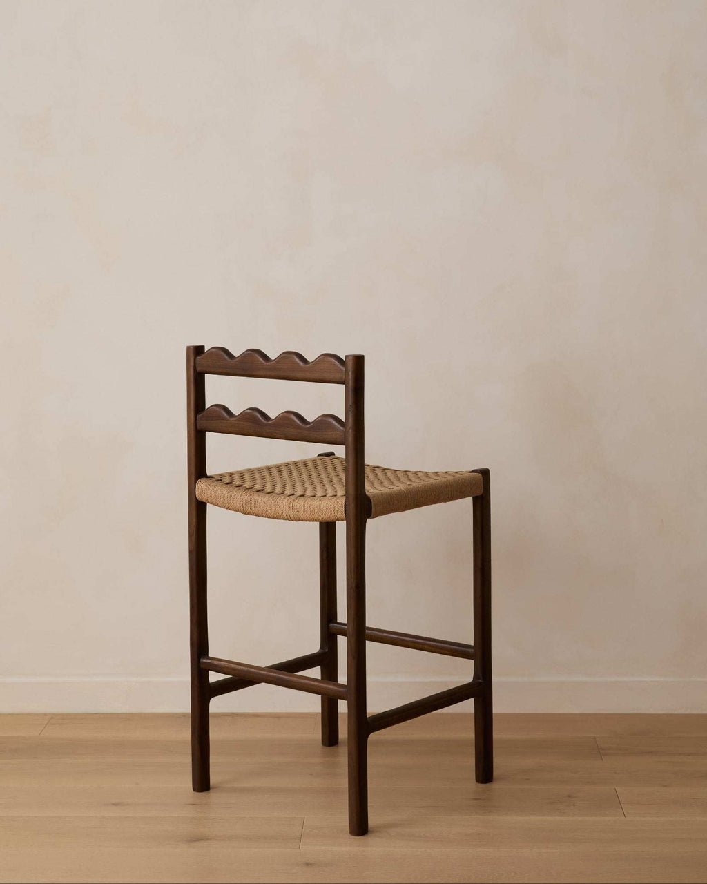 Ionian Scalloped Counter Stool handcrafted dark walnut teak wood with scalloped backrest and paper cord seat