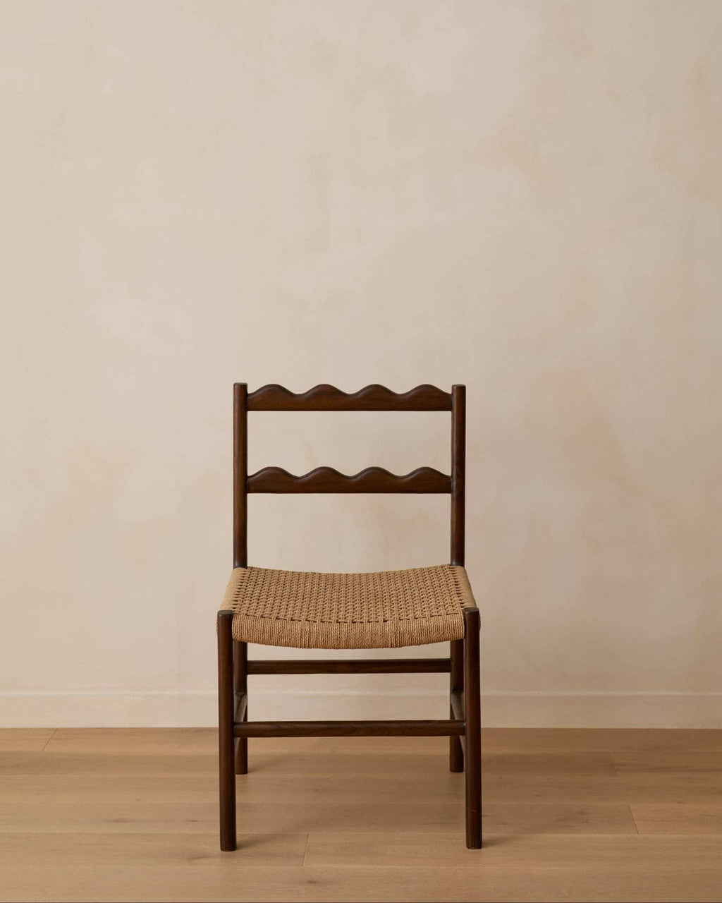Ionian Scalloped Dining Chair handcrafted from dark walnut teak wood with scalloped backrest and paper cord seat