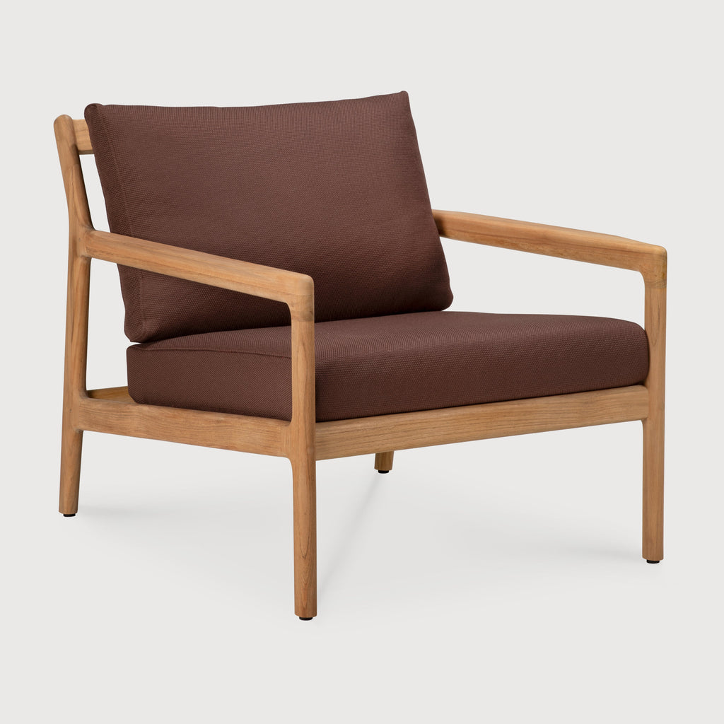 Outdoor wooden armchair with brown cushions on a white background