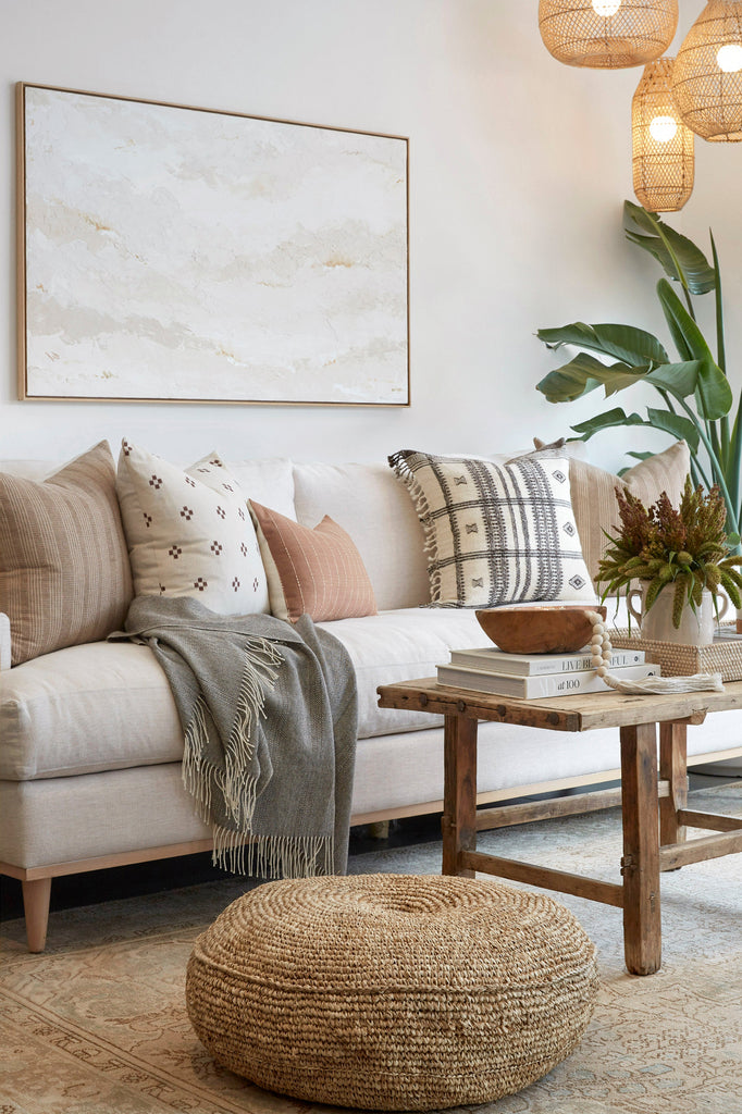 Kaleen Cameron Plaster Abstract Landscape Clouds Painting No.3 Artwork shot at an angle in a layered living room setup.