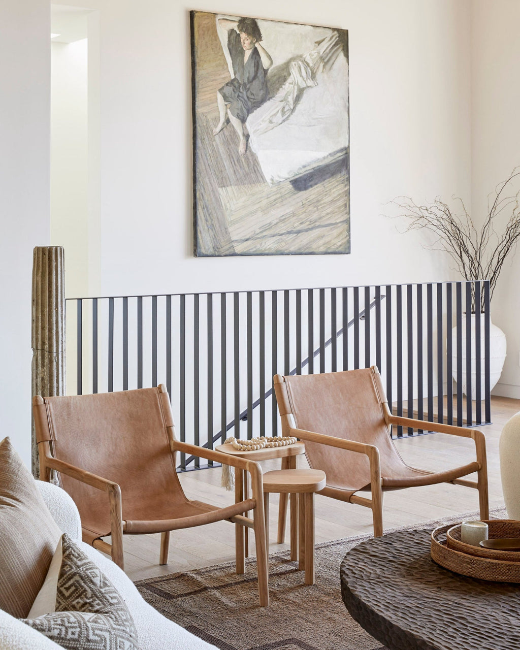 Beige leather sling lounge chair with carved teak frame, second quality, handcrafted in Bali