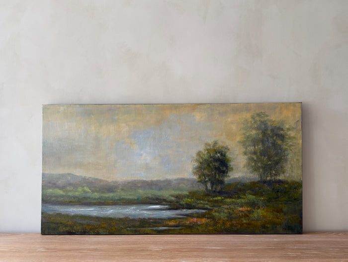 Product shot of Long marsh oil painting on canvas with soft blues and greens by artist Jan Busco. - Saffron and Poe
