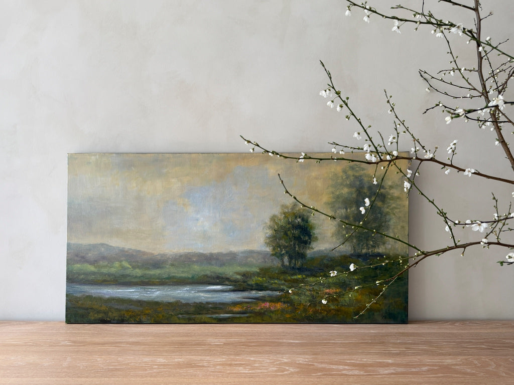 Long Marsh painting depicting serene marshland with water and reeds by Jan Buscho