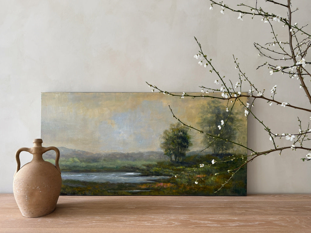 Long Marsh oil painting by Jan Buscho depicting serene marshland with water and reeds under shifting light