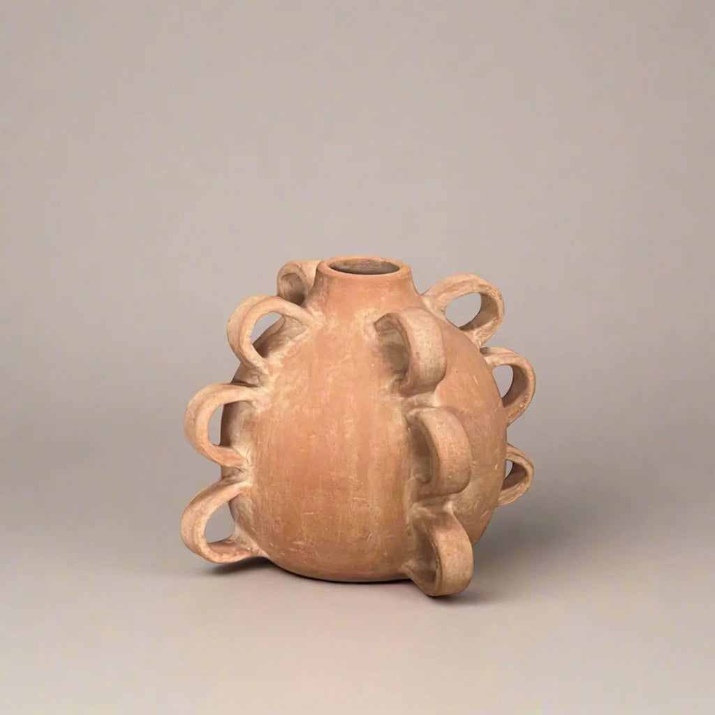 Lux Terracotta Vessel with sculptural handles and matte finish handcrafted in Honduras