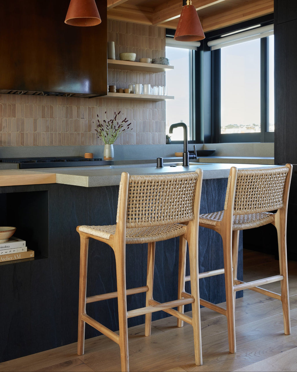 Marin Counter Stool with teak frame and weatherproof faux rattan weave for indoor and outdoor use, second quality sale
