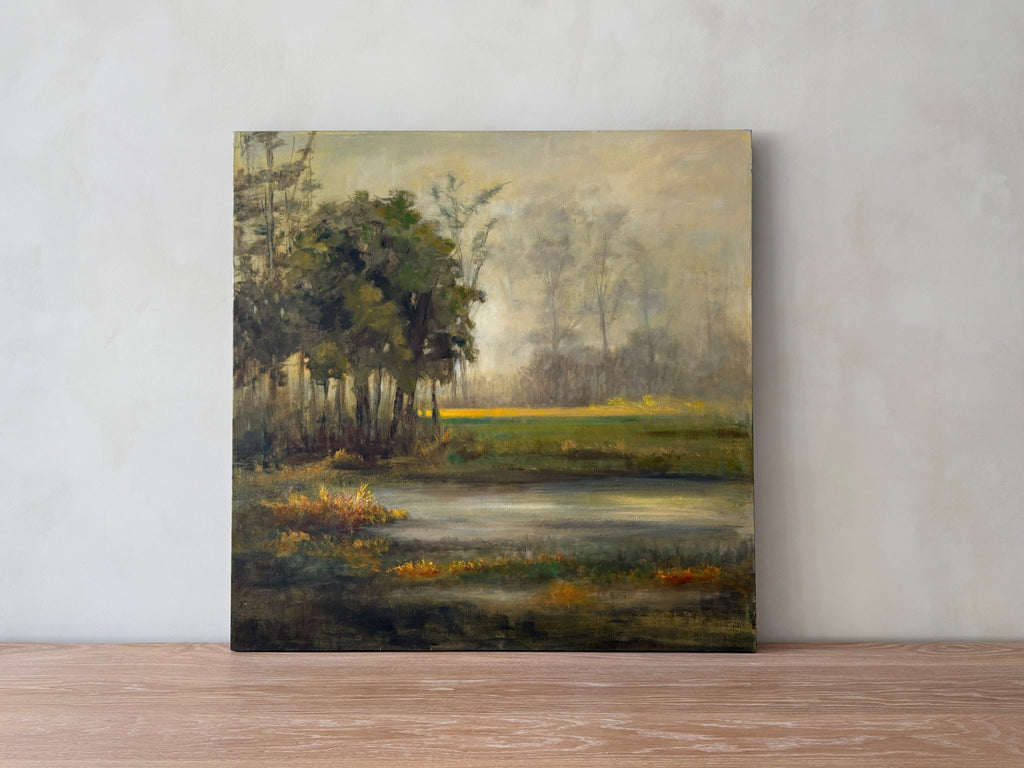 Soft morning mist over a quiet meadow in a dreamlike landscape by Jan Buscho