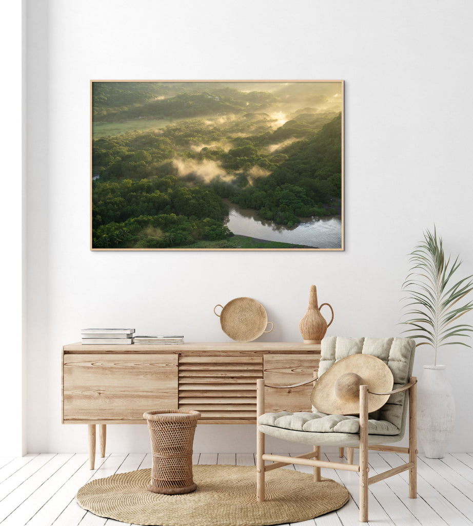 Aerial photo of misty morning in Costa Rican jungle in room by Mika Street for Saffron and Poe