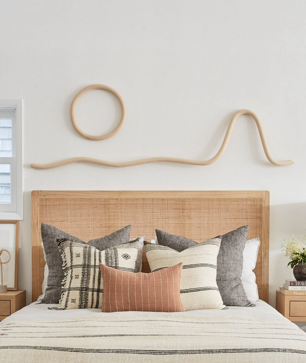 Mountain + Sun Wall Sculpture made from premium rattan wood by Katie Gong, featuring artisanal California modern design elements