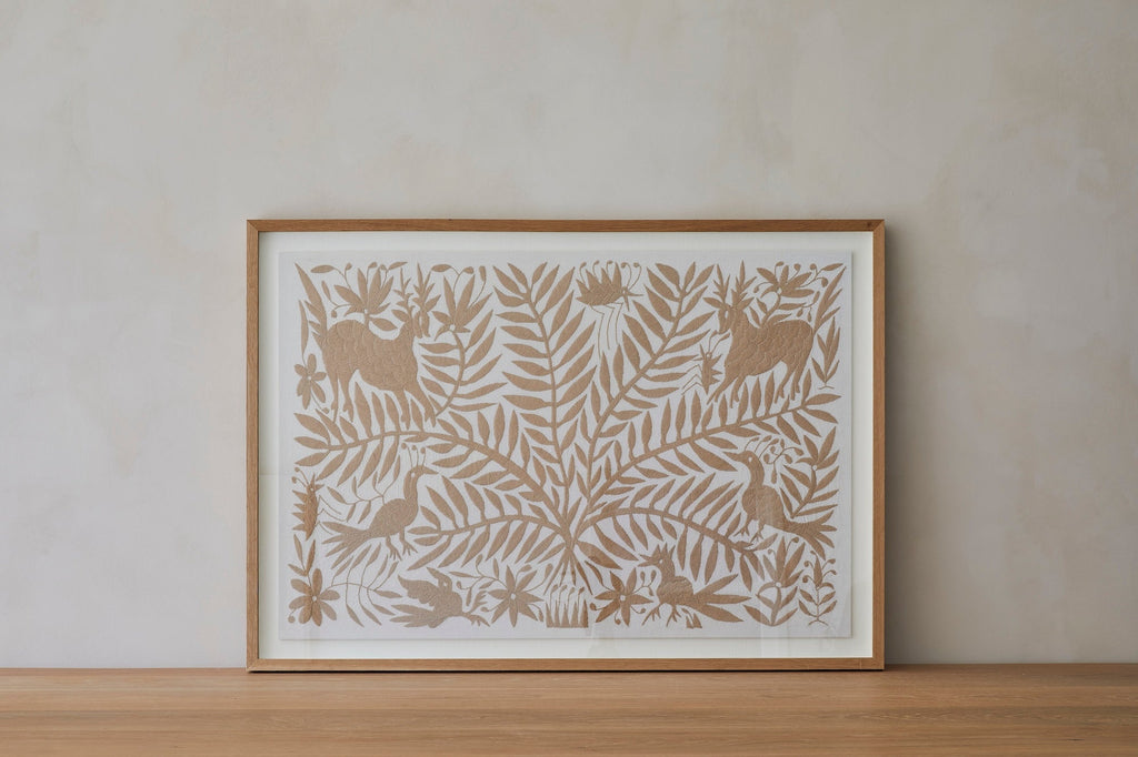 Hand-embroidered Otomi textile with traditional Suzani embroidery, framed in American White Oak
