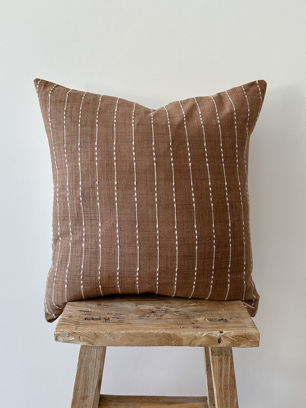 Brown embroidered stripe pillow with neutral patterns, 20x20 inches, handcrafted textured linen accent