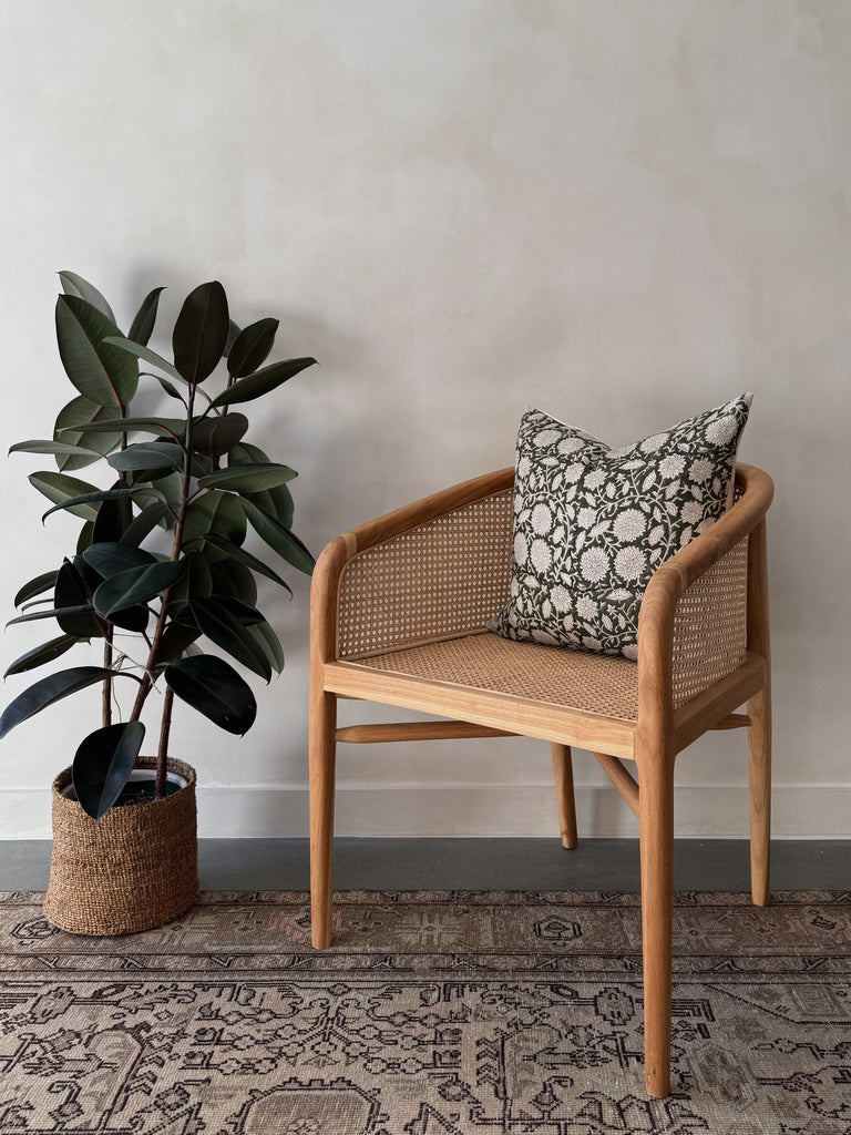Woven chair with a patterned pillow next to a potted plant on a textured rug.