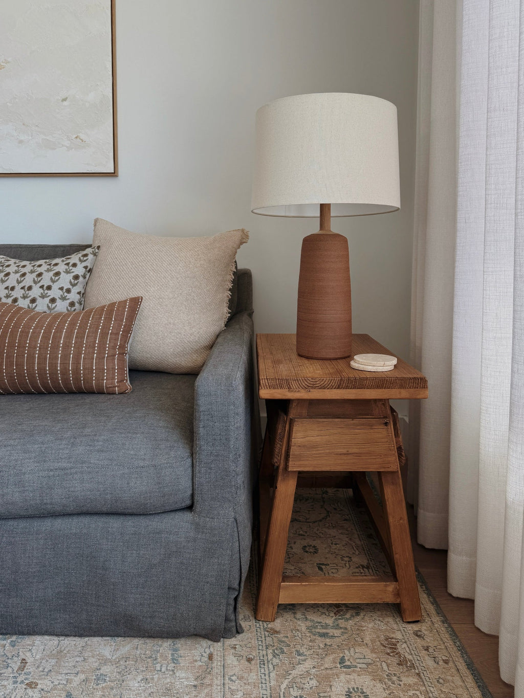 Ravello Ceramic Table Lamp in terracotta with ribbed ceramic base, wood neck, linen shade, and built-in dimmer switch