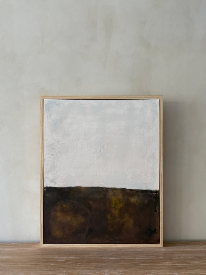 Ridge painting straight on against lime washed wall on oak dining table - Saffron + Poe, Art De Avalo